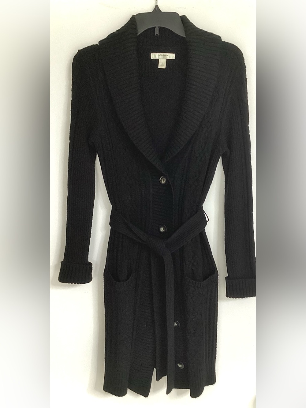 Liz Claiborne Black Long Cable-Knit Shawl Collar Cardigan